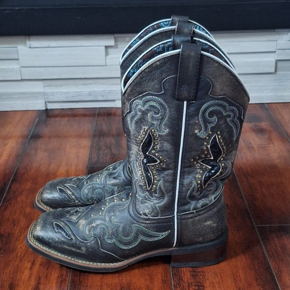 Laredo Spellbound Black Tan Leather Square Toe West Cowgirl Boot Size 9 - Picture 2 of 10